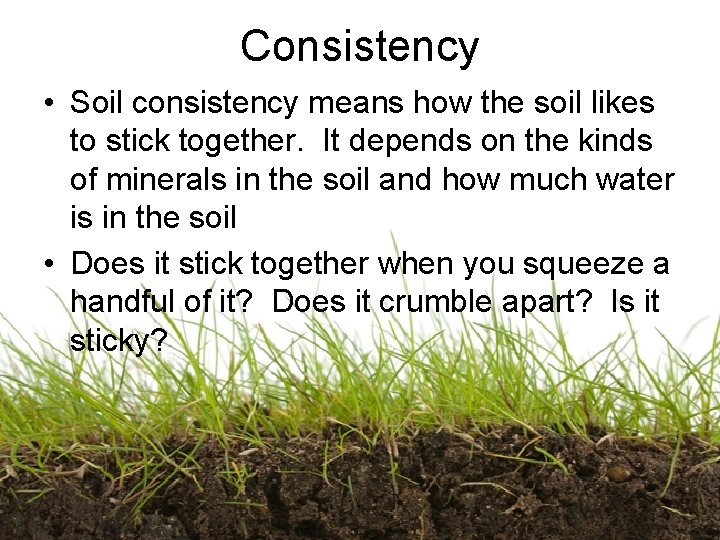 Consistency • Soil consistency means how the soil likes to stick together. It depends
