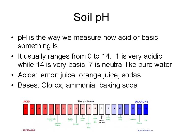 Soil p. H • p. H is the way we measure how acid or