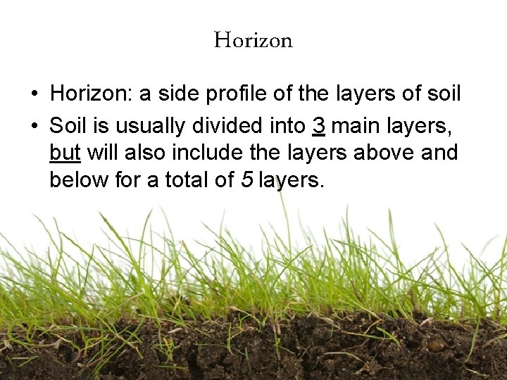 Horizon • Horizon: a side profile of the layers of soil • Soil is