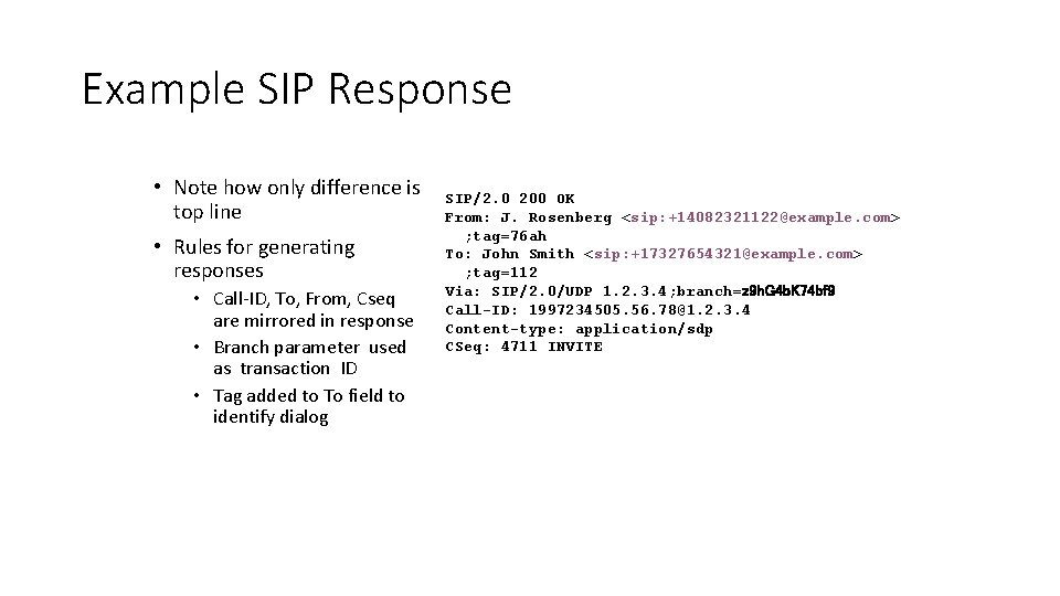 Example SIP Response • Note how only difference is top line • Rules for