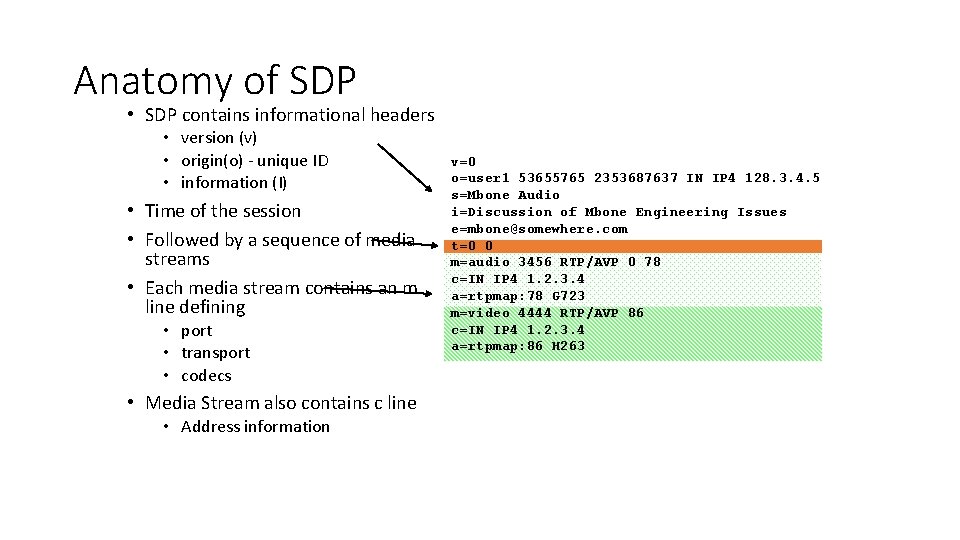 Anatomy of SDP • SDP contains informational headers • version (v) • origin(o) -