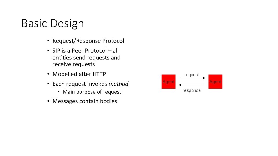 Basic Design • Request/Response Protocol • SIP is a Peer Protocol – all entities