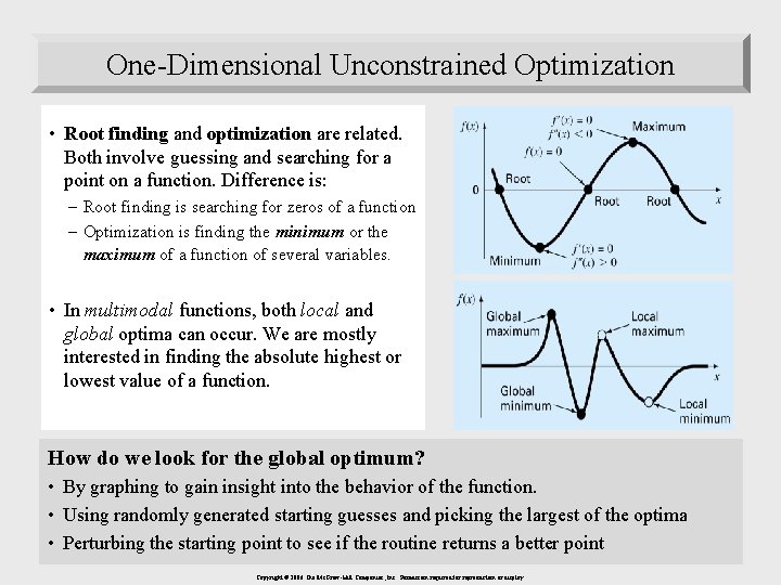 One-Dimensional Unconstrained Optimization • Root finding and optimization are related. Both involve guessing and