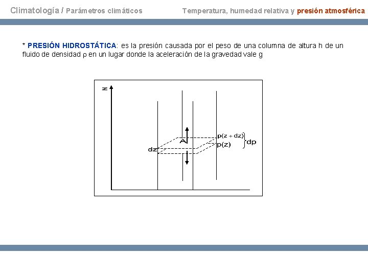 Climatología / Parámetros climáticos Temperatura, humedad relativa y presión atmosférica * PRESIÓN HIDROSTÁTICA: es