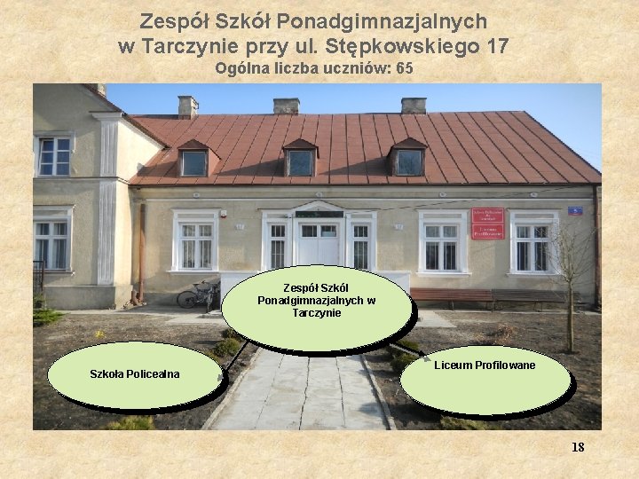 Zespół Szkół Ponadgimnazjalnych w Tarczynie przy ul. Stępkowskiego 17 Ogólna liczba uczniów: 65 Zespół