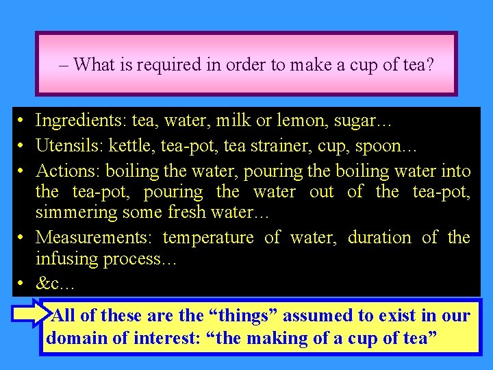 – What is required in order to make a cup of tea? • Ingredients: