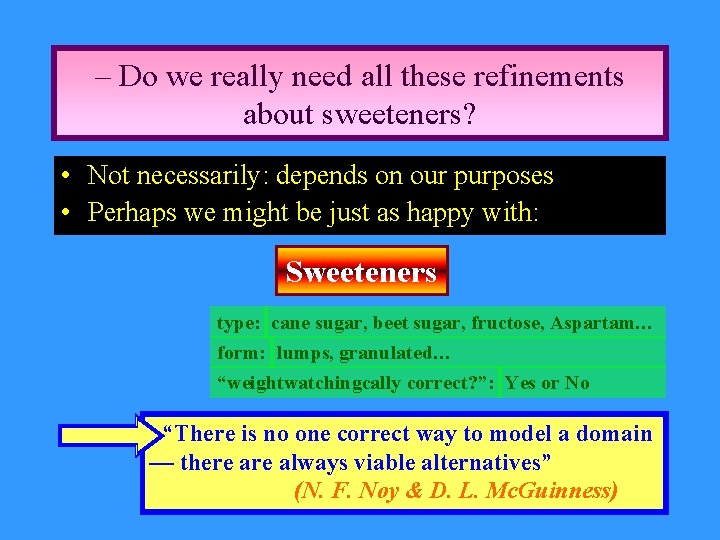 – Do we really need all these refinements about sweeteners? • Not necessarily: depends