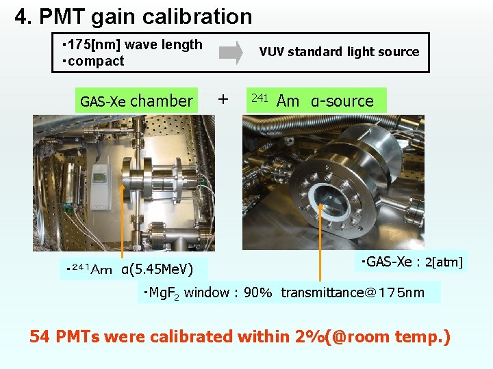 4. PMT gain calibration ・ 175[nm] wave length ・compact GAS-Xe chamber ・２４１Ａｍ　α(5. 45 Me.