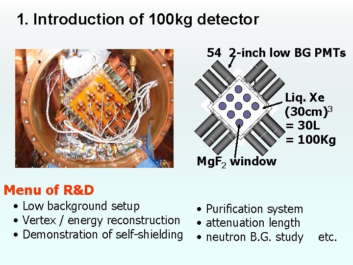 1. Introduction of 100 kg detector 54 2 -inch low BG PMTs Liq. Xe　