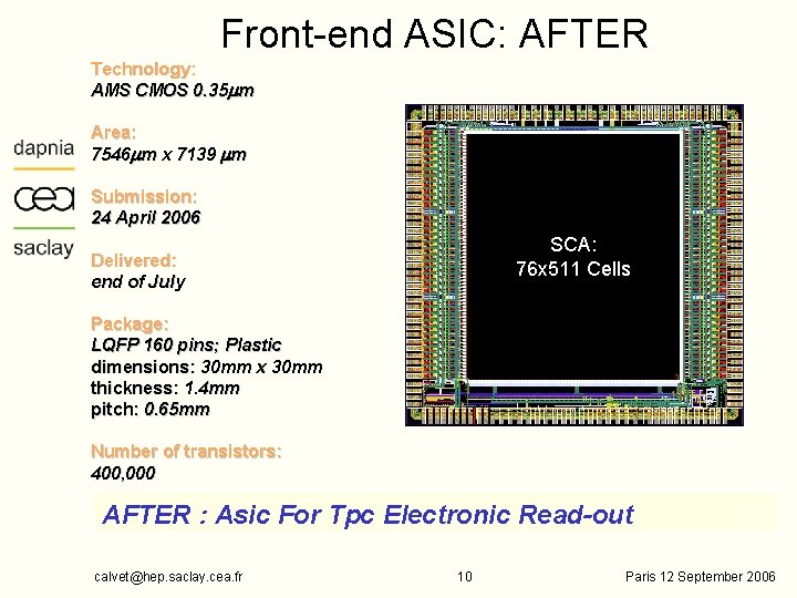 Front-end ASIC: AFTER Technology: AMS CMOS 0. 35 mm Area: 7546 mm x 7139