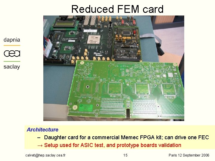 Reduced FEM card Architecture – Daughter card for a commercial Memec FPGA kit; can