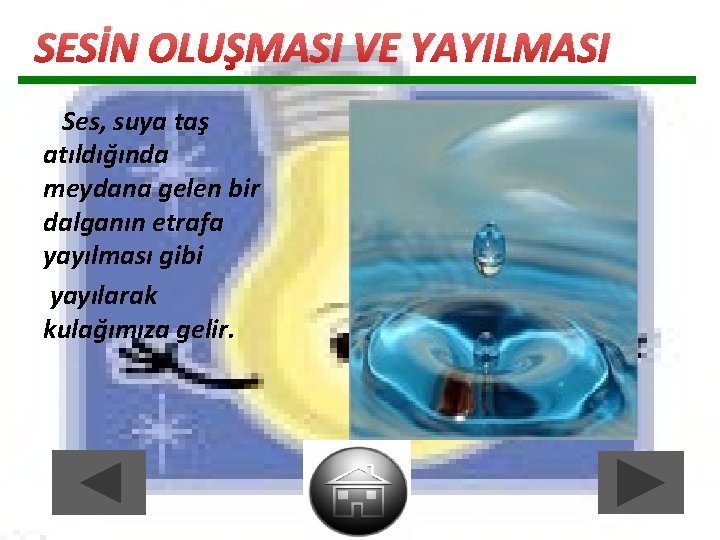 SESİN OLUŞMASI VE YAYILMASI Ses, suya taş atıldığında meydana gelen bir dalganın etrafa yayılması SESİN OLUŞMASI VE YAYILMASI Ses, suya taş atıldığında meydana gelen bir dalganın etrafa yayılması
