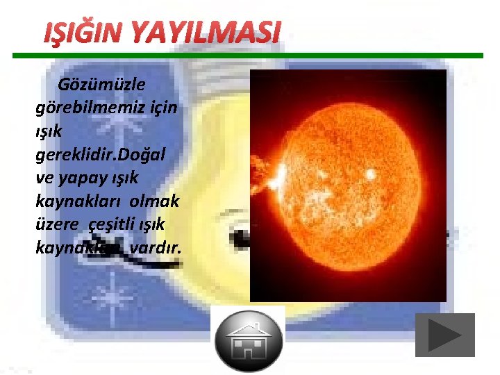 IŞIĞIN YAYILMASI Gözümüzle görebilmemiz için ışık gereklidir. Doğal ve yapay ışık kaynakları olmak üzere IŞIĞIN YAYILMASI Gözümüzle görebilmemiz için ışık gereklidir. Doğal ve yapay ışık kaynakları olmak üzere