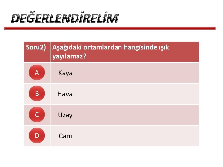 DEĞERLENDİRELİM Soru 2) Aşağıdaki ortamlardan hangisinde ışık yayılamaz? A Kaya B Hava C Uzay DEĞERLENDİRELİM Soru 2) Aşağıdaki ortamlardan hangisinde ışık yayılamaz? A Kaya B Hava C Uzay