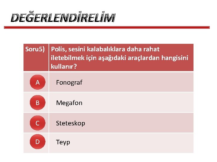 DEĞERLENDİRELİM Soru 5) Polis, sesini kalabalıklara daha rahat iletebilmek için aşağıdaki araçlardan hangisini kullanır? DEĞERLENDİRELİM Soru 5) Polis, sesini kalabalıklara daha rahat iletebilmek için aşağıdaki araçlardan hangisini kullanır?