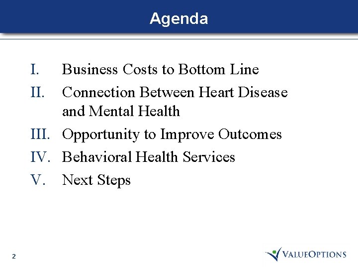Agenda I. II. Business Costs to Bottom Line Connection Between Heart Disease and Mental