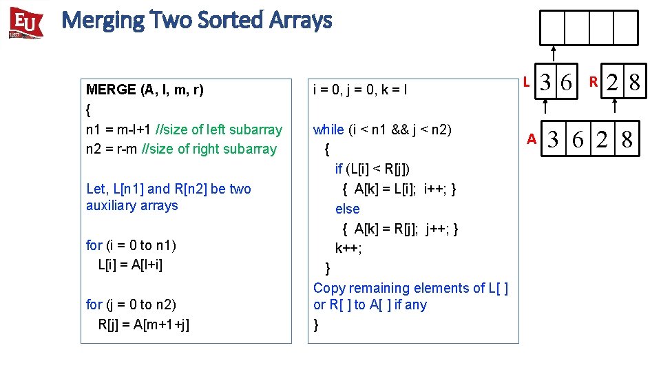 Merging Two Sorted Arrays MERGE (A, l, m, r) { n 1 = m-l+1