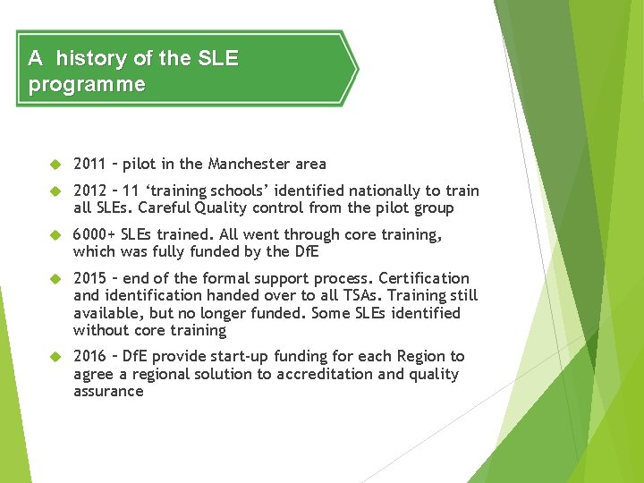 A history of the SLE programme 2011 – pilot in the Manchester area 2012