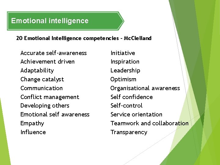 Emotional intelligence 20 Emotional Intelligence competencies - Mc. Clelland Accurate self-awareness Achievement driven Adaptability