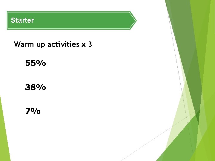 Starter Warm up activities x 3 55% 38% 7% 