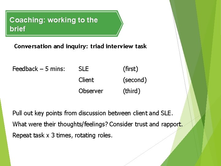 Coaching: working to the brief Conversation and inquiry: triad interview task Feedback – 5