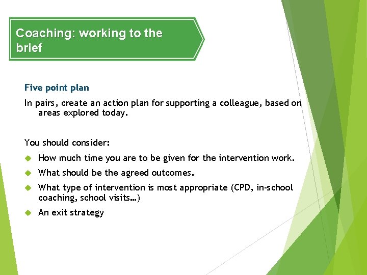 Coaching: working to the brief Five point plan In pairs, create an action plan