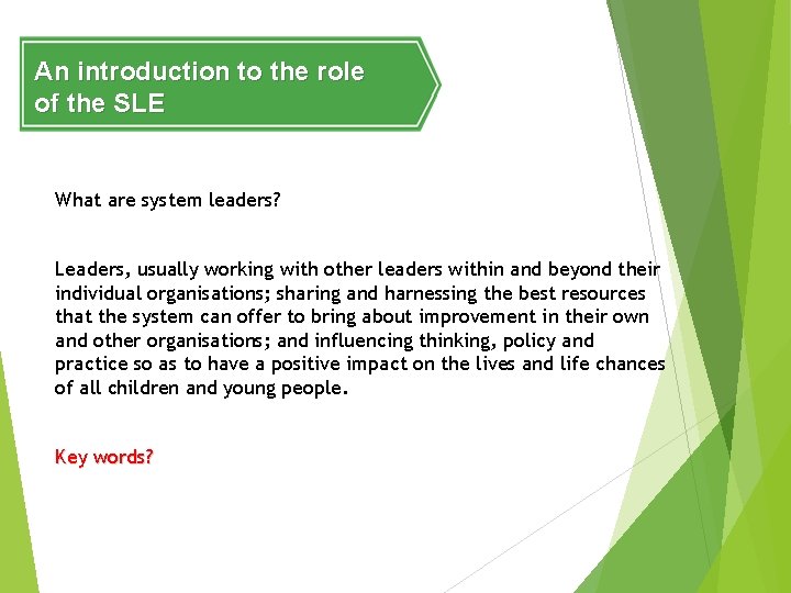 An introduction to the role of the SLE What are system leaders? Leaders, usually