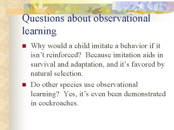 Questions about observational learning n n Why would a child imitate a behavior if