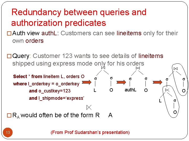Redundancy between queries and authorization predicates � Auth view auth. L: Customers can see Redundancy between queries and authorization predicates � Auth view auth. L: Customers can see