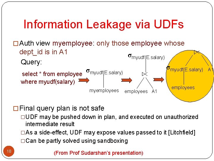 Information Leakage via UDFs � Auth view myemployee: only those employee whose dept_id is Information Leakage via UDFs � Auth view myemployee: only those employee whose dept_id is