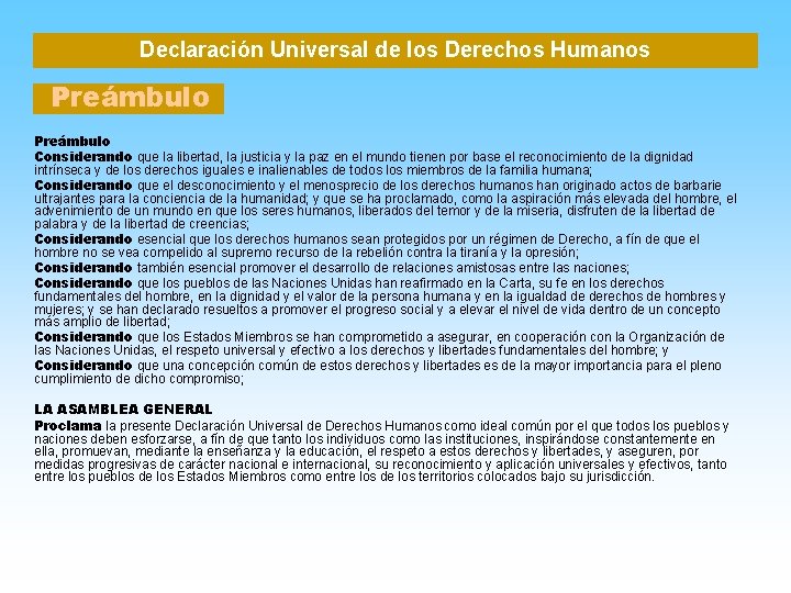 Declaración Universal de los Derechos Humanos Preámbulo Considerando que la libertad, la justicia y