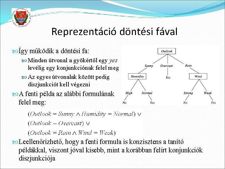 Reprezentáció döntési fával Így működik a döntési fa: Minden útvonal a gyökértől egy yes