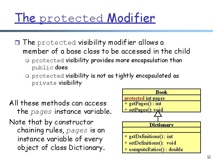 The protected Modifier r The protected visibility modifier allows a member of a base