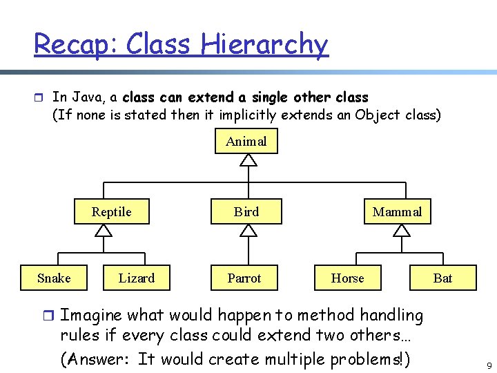 Recap: Class Hierarchy r In Java, a class can extend a single other class