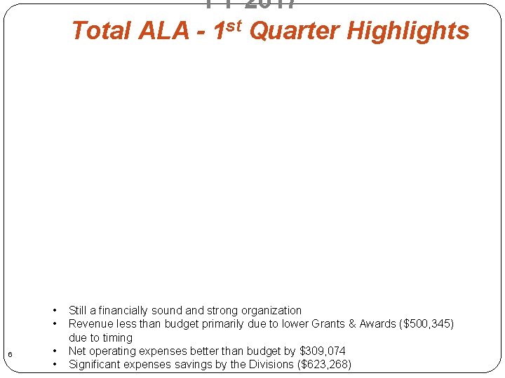 FY 2017 Total ALA - 1 st Quarter Highlights • • 6 • •