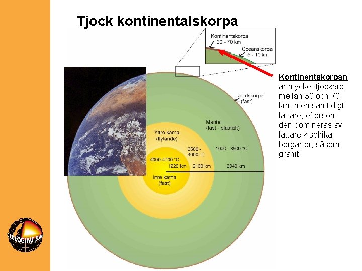 Tjock kontinentalskorpa Kontinentskorpan är mycket tjockare, mellan 30 och 70 km, men samtidigt lättare,