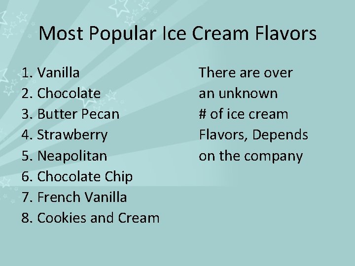 Most Popular Ice Cream Flavors 1. Vanilla 2. Chocolate 3. Butter Pecan 4. Strawberry