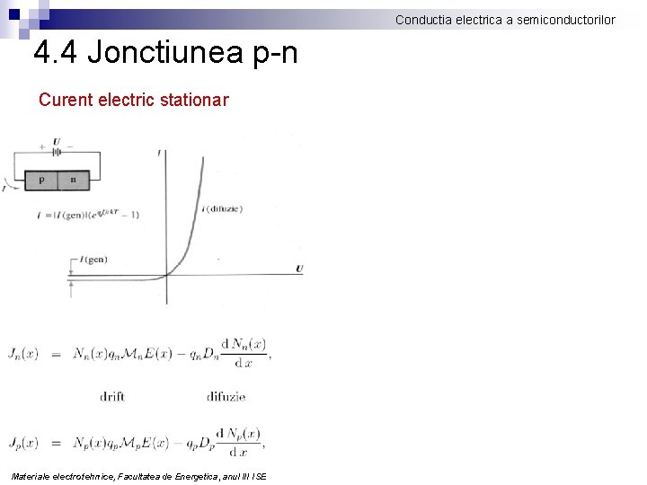 Conductia electrica a semiconductorilor 4. 4 Jonctiunea p-n Curent electric stationar Materiale electrotehnice, Facultatea