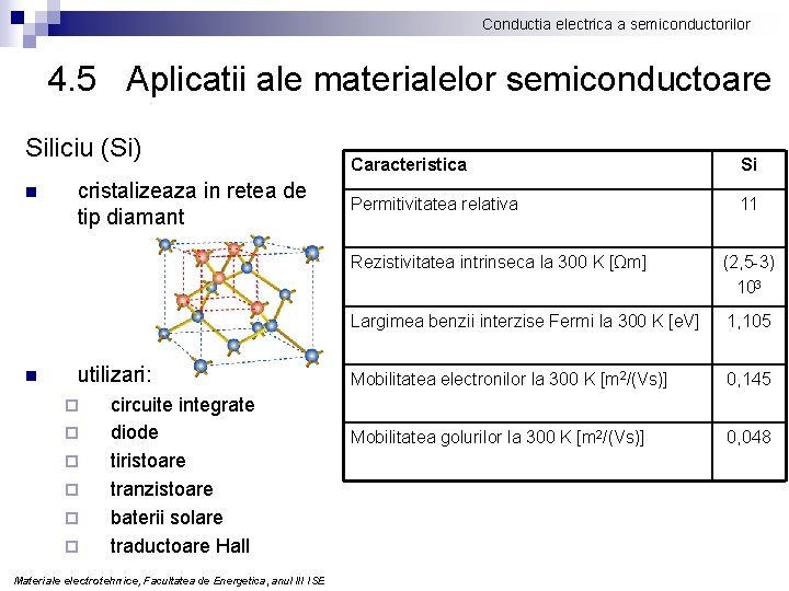 Conductia electrica a semiconductorilor 4. 5 Aplicatii ale materialelor semiconductoare Siliciu (Si) n n