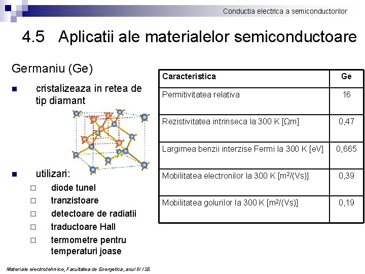 Conductia electrica a semiconductorilor 4. 5 Aplicatii ale materialelor semiconductoare Germaniu (Ge) n n