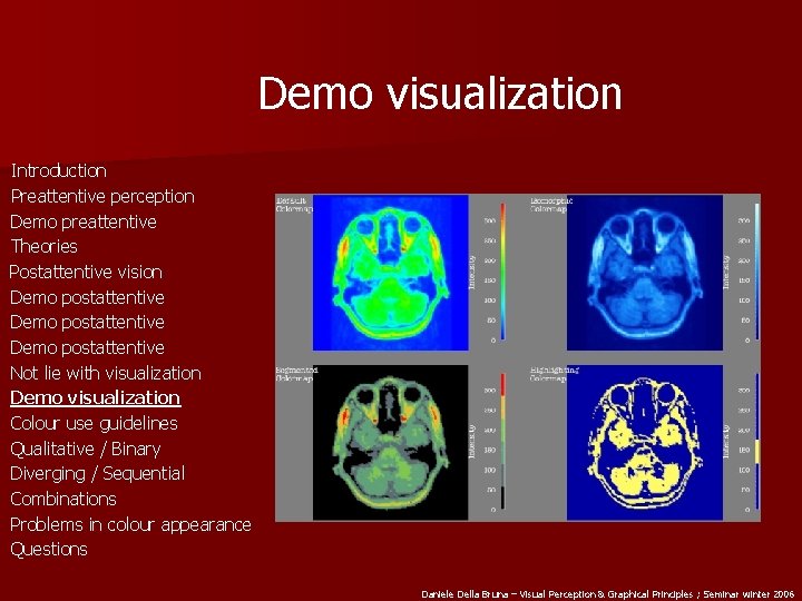 Demo visualization Introduction Preattentive perception Demo preattentive Theories Postattentive vision Demo postattentive Not lie