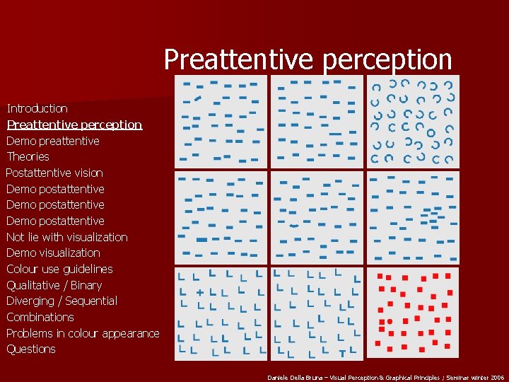 Preattentive perception Introduction Preattentive perception Demo preattentive Theories Postattentive vision Demo postattentive Not lie