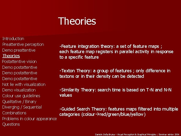 Theories Introduction Preattentive perception Demo preattentive Theories Postattentive vision Demo postattentive Not lie with