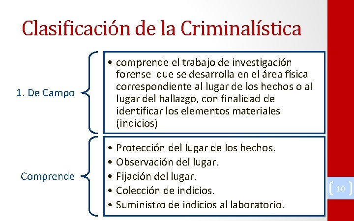 Clasificación de la Criminalística 1. De Campo Comprende • comprende el trabajo de investigación