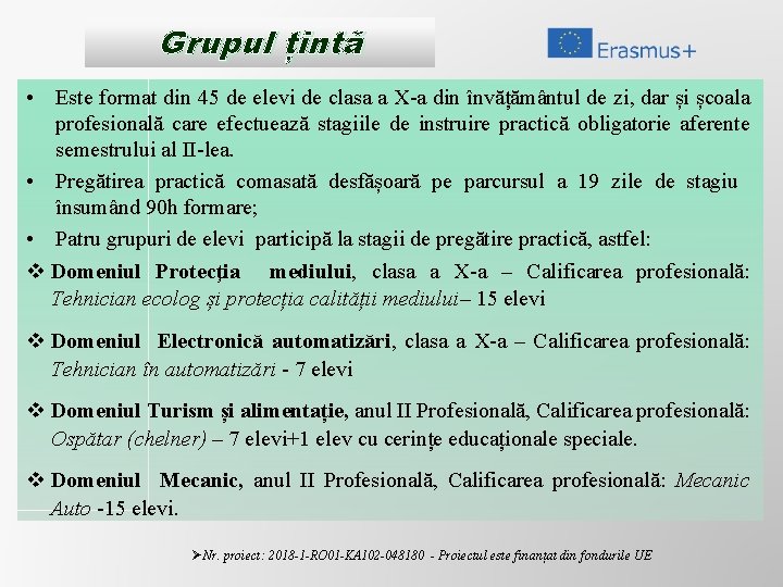 Grupul țintă • Este format din 45 de elevi de clasa a X-a din