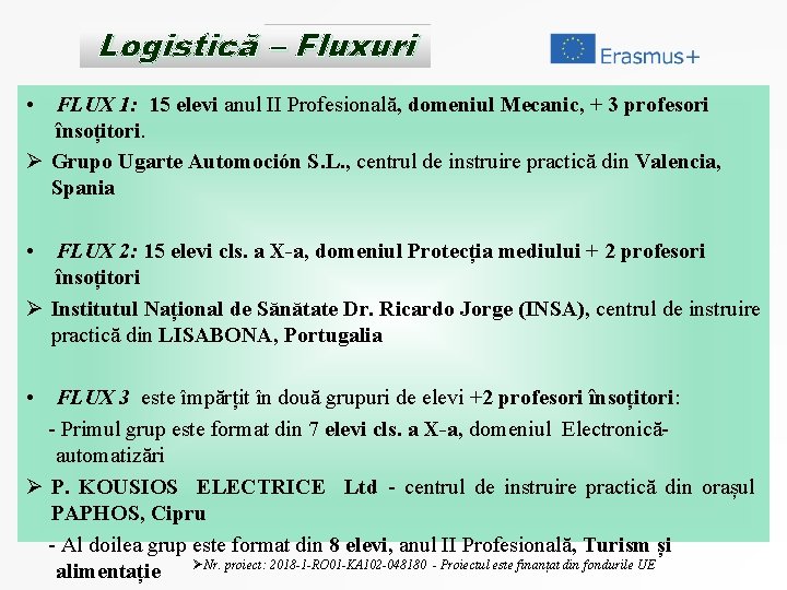 Logistică – Fluxuri • FLUX 1: 15 elevi anul II Profesională, domeniul Mecanic, +