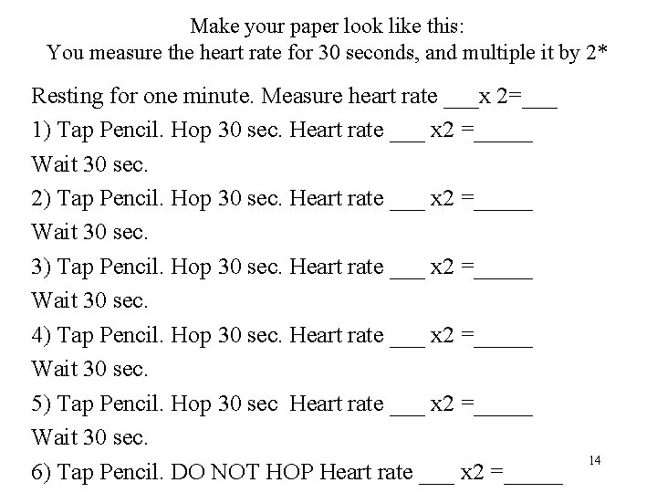 Make your paper look like this: You measure the heart rate for 30 seconds,