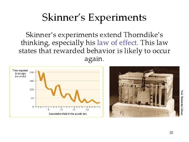 Skinner’s Experiments Skinner’s experiments extend Thorndike’s thinking, especially his law of effect. This law