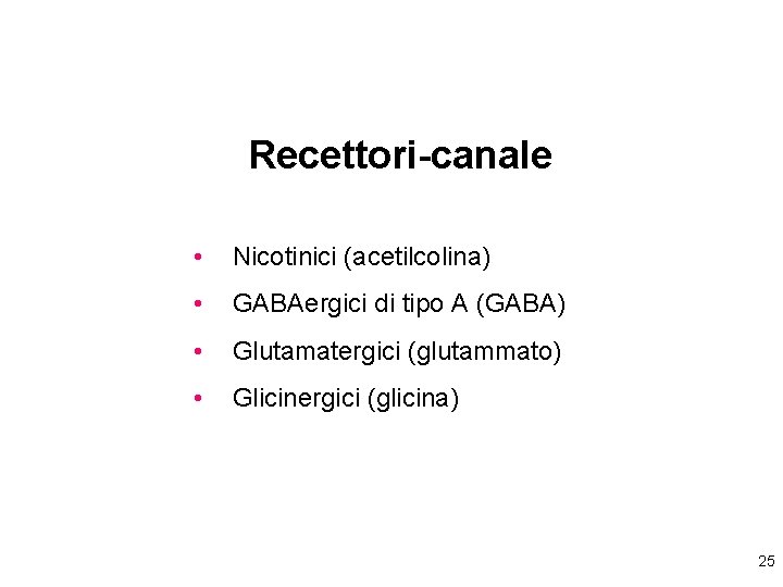 Recettori-canale • Nicotinici (acetilcolina) • GABAergici di tipo A (GABA) • Glutamatergici (glutammato) •