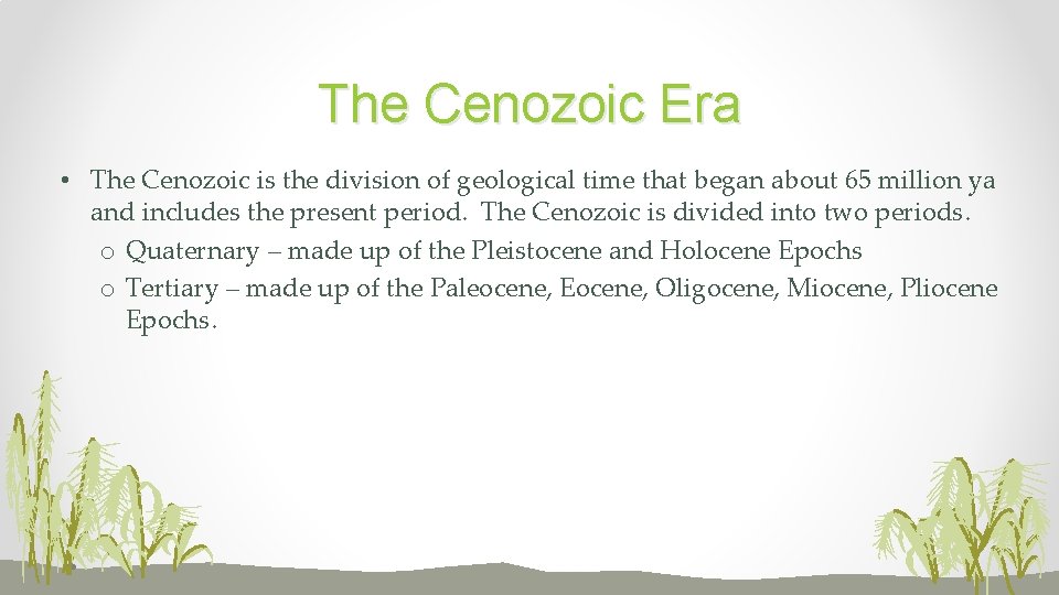 The Cenozoic Era • The Cenozoic is the division of geological time that began